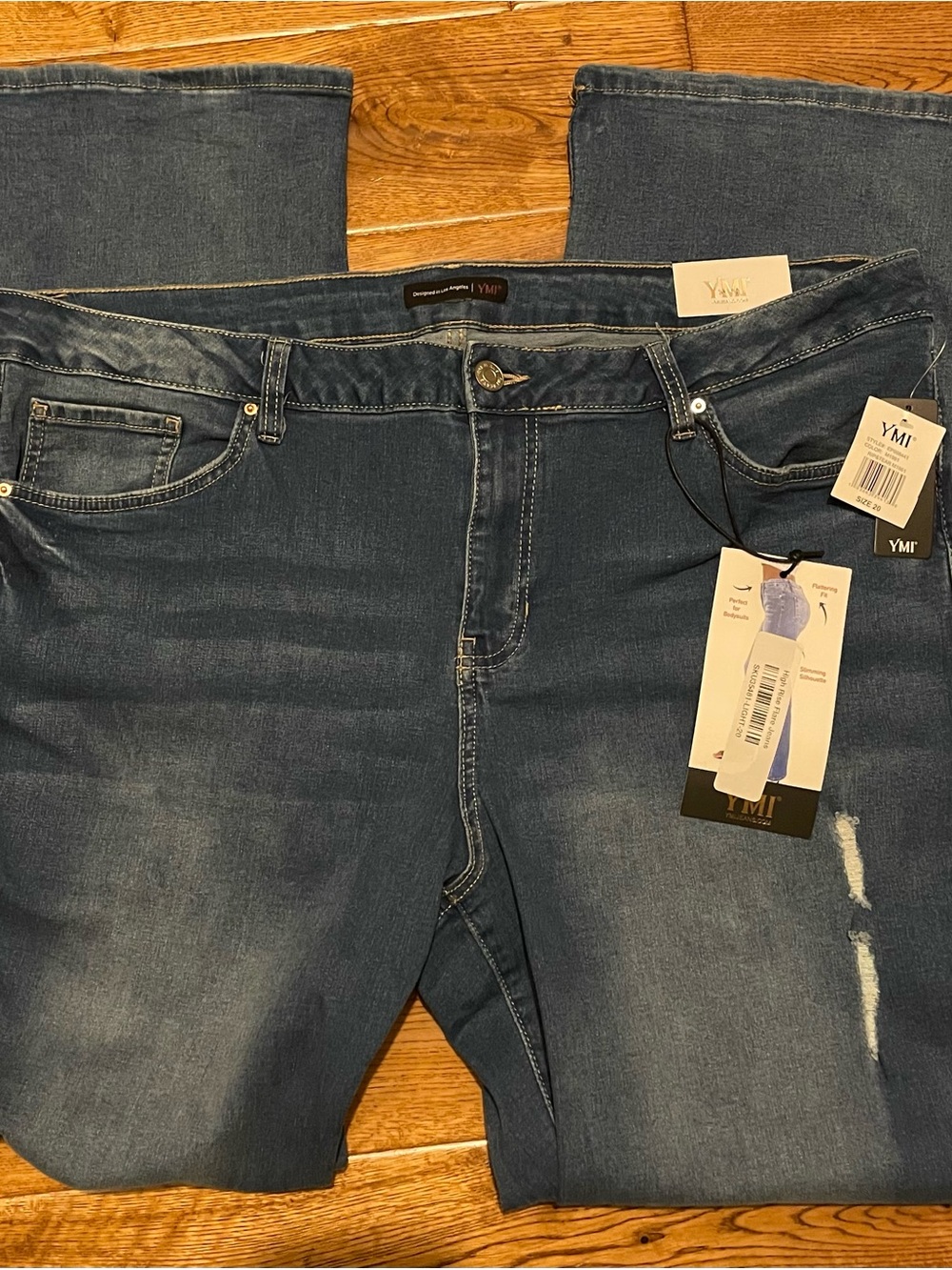 YMI High-Waisted Flare Distressed Blue Jeans Dark Wash DenimNWT Women's Size 20